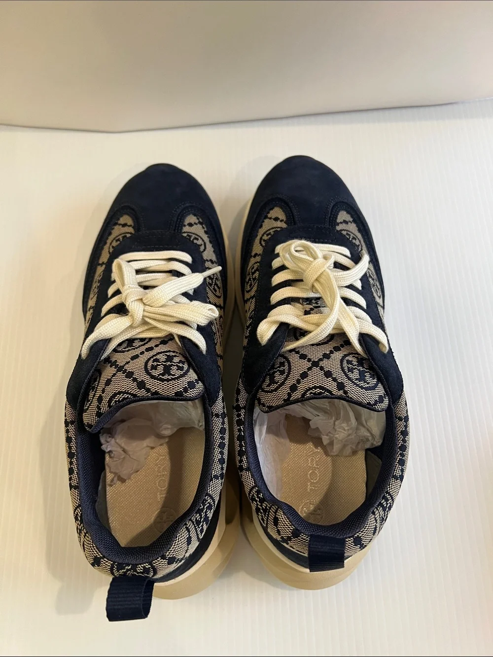 New Tory Burch Women’s Navy Blue and Cream Logo Sneakers in Size 11
